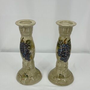 Cabernet Hand-Painted Ceramic Candlesticks in Cream and Blue Grape Motif TUSCAN